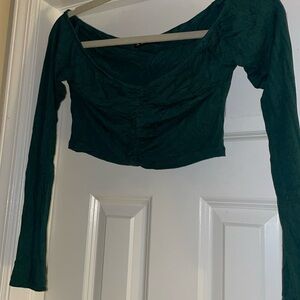 SHEIN Dark green long sleeve crop top front ruching